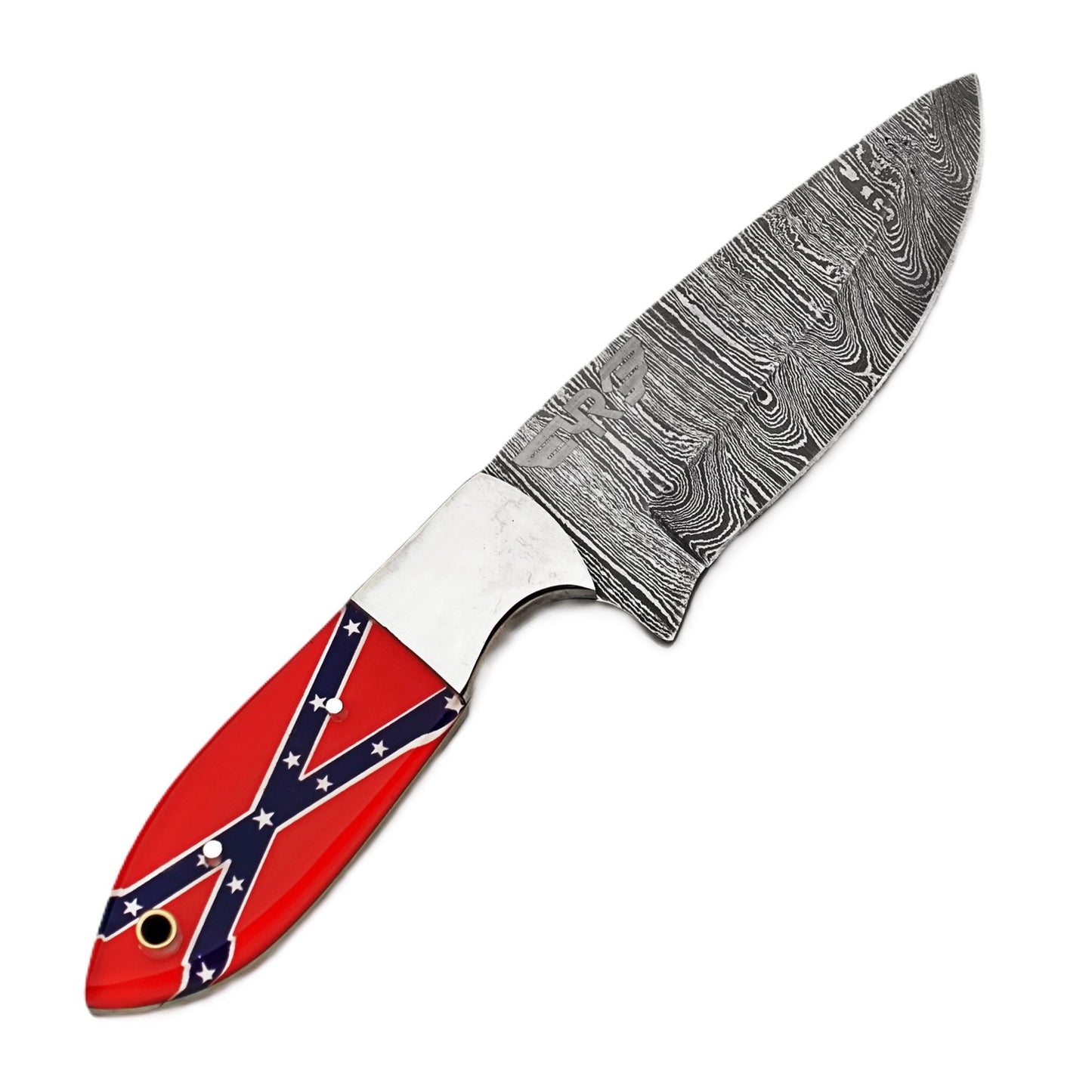 Ruddock Bros fixed blade knife with plastic resin handle with rebel flag design and Damascus steel blade includes leather sheath Ruddock El Paso Texas