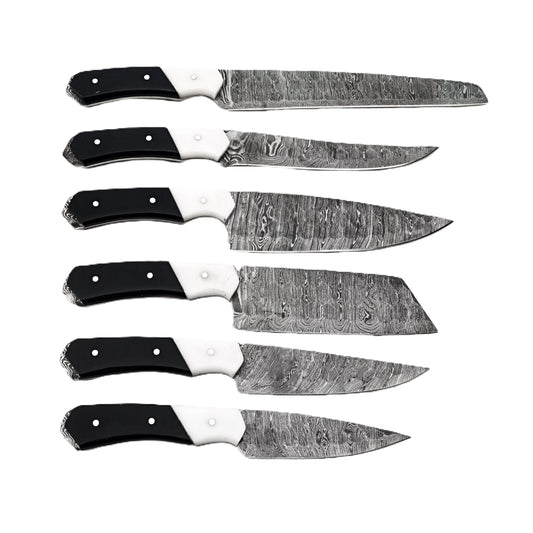 Damascus Steel 6 piece knife set with black and white resin handle with leather carry pouch by Ruddock Bros El Paso Texas USA Ruddock Shirt