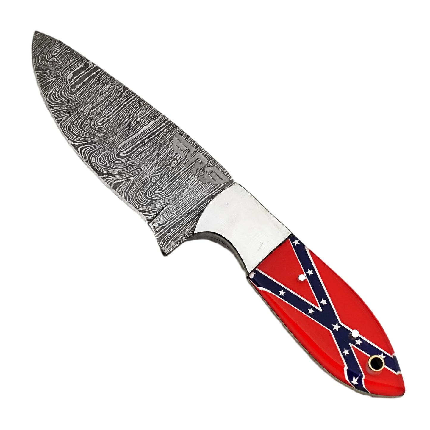 Ruddock Bros fixed blade knife with plastic resin handle with rebel flag design and Damascus steel blade includes leather sheath Ruddock El Paso Texas