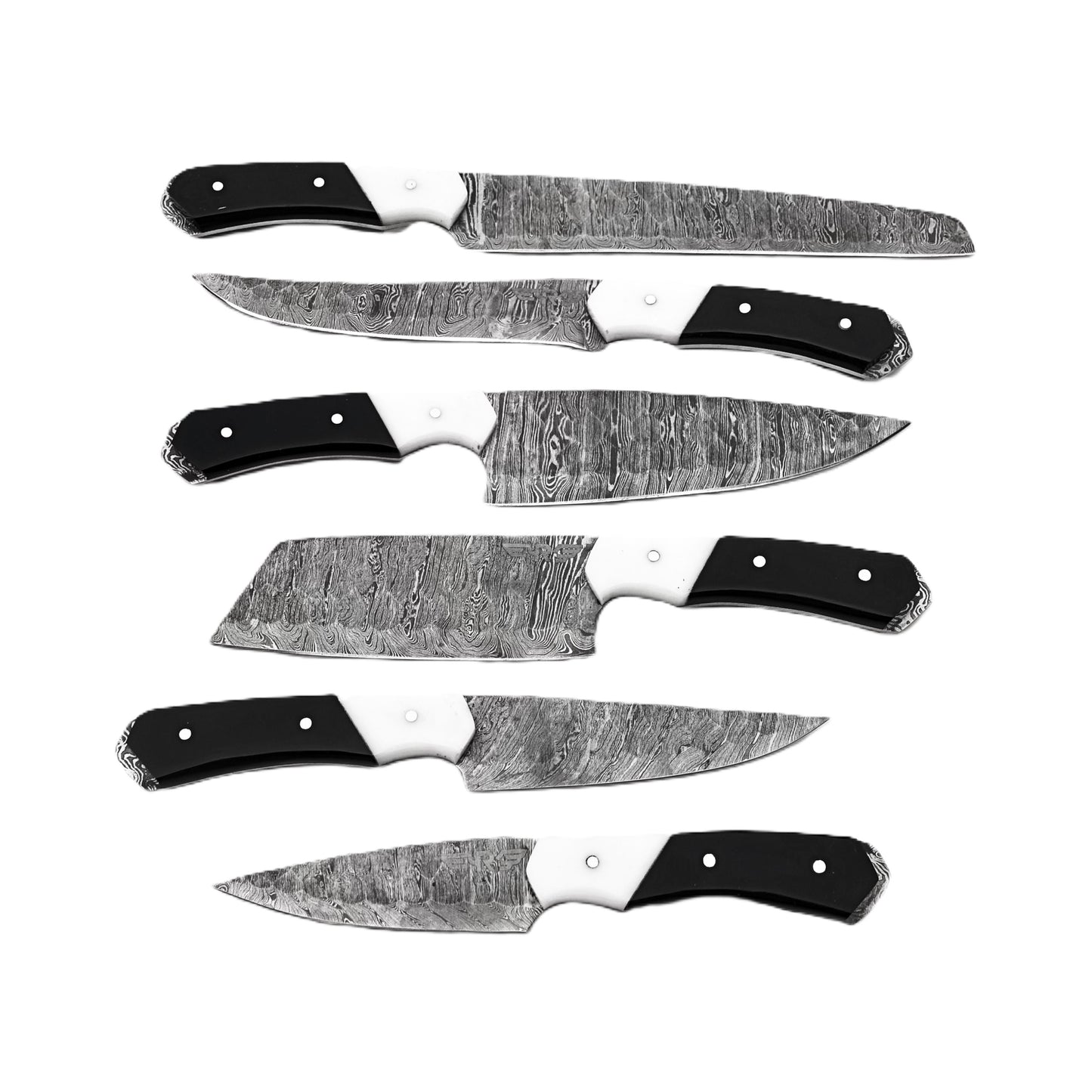 Damascus Steel 6 piece knife set with black and white resin handle with leather carry pouch by Ruddock Bros El Paso Texas USA Ruddock Shirt