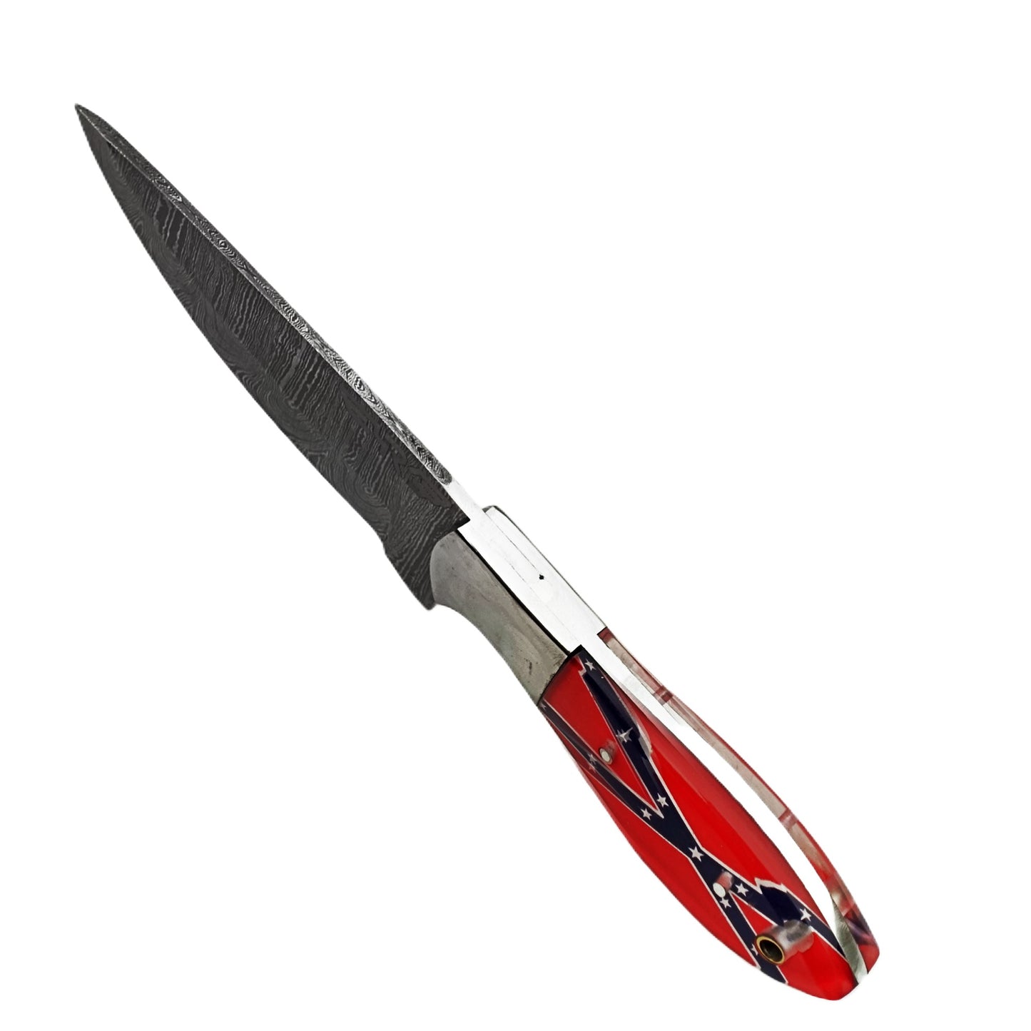 Ruddock Bros fixed blade knife with plastic resin handle with rebel flag design and Damascus steel blade includes leather sheath Ruddock El Paso Texas