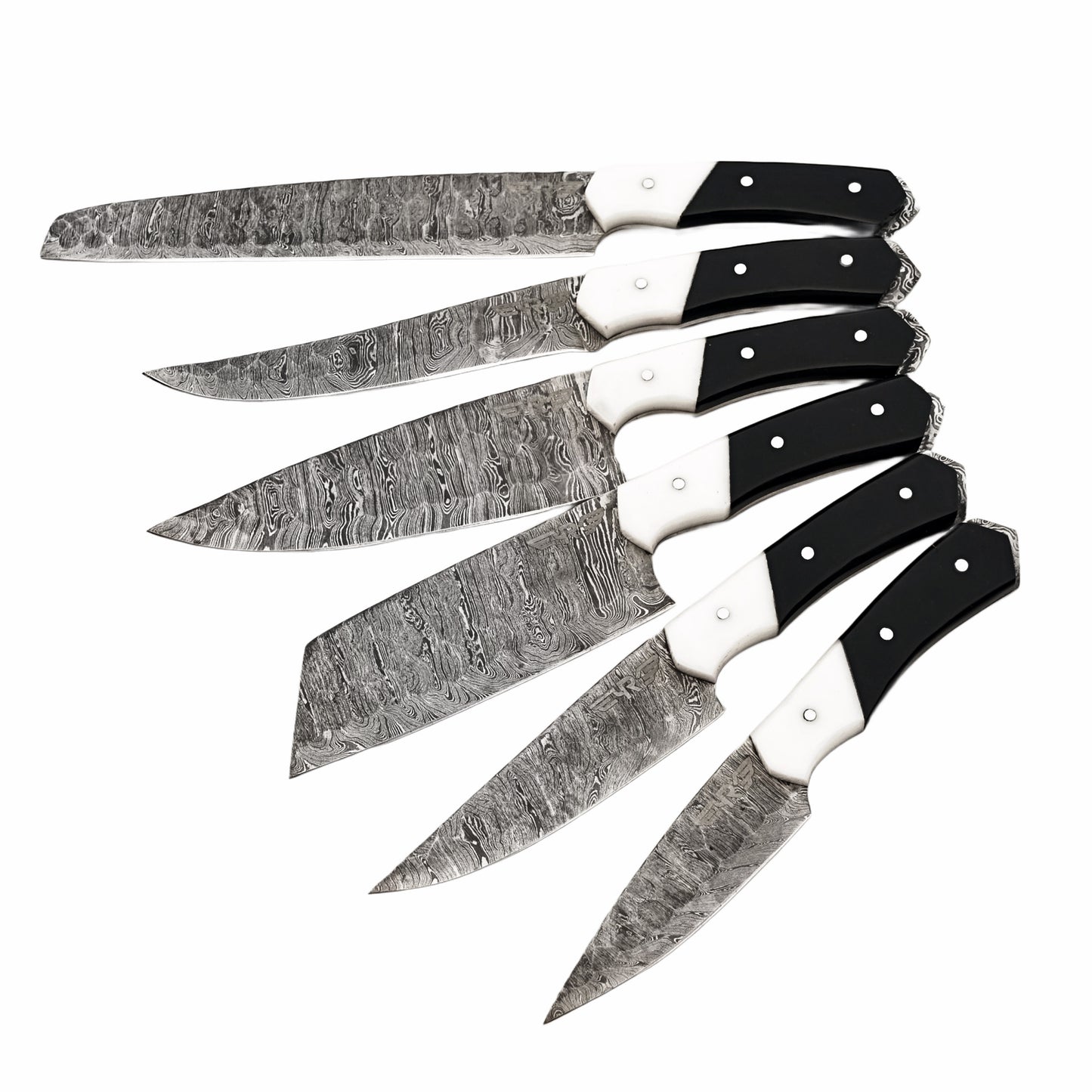 Damascus Steel 6 piece knife set with black and white resin handle with leather carry pouch by Ruddock Bros El Paso Texas USA Ruddock Shirt