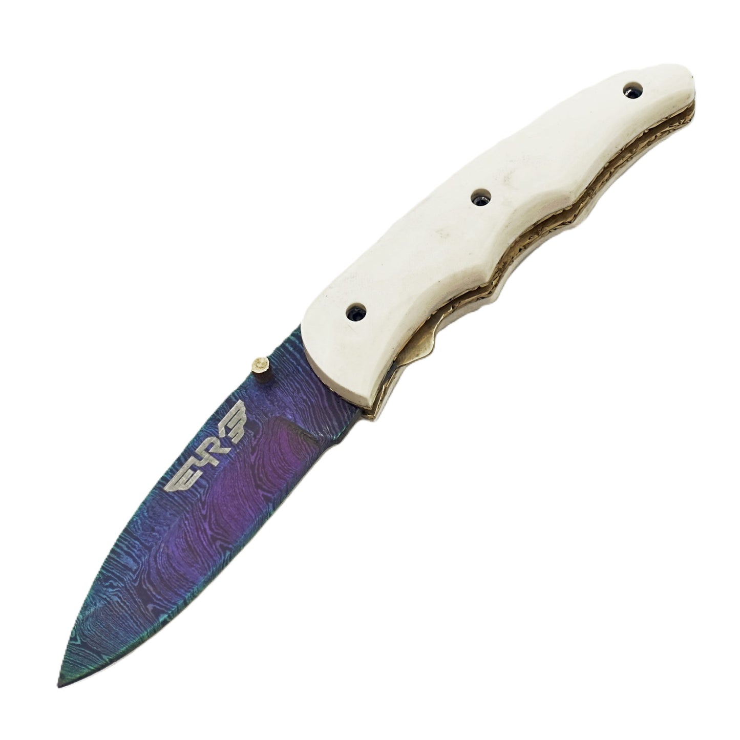 Ruddock Bros Damascus steel folding knife with acid wash blade and ivory handle Ruddock El Paso Texas