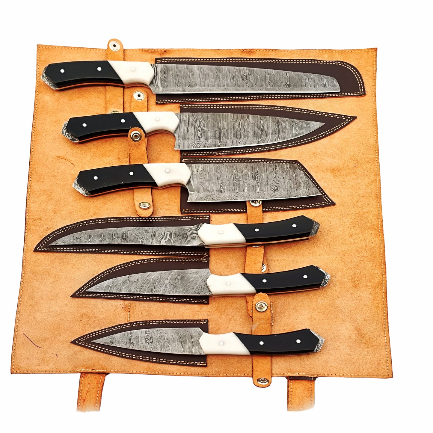 Damascus Steel 6 piece knife set with black and white resin handle with leather carry pouch by Ruddock Bros El Paso Texas USA Ruddock Shirt with leather carry case