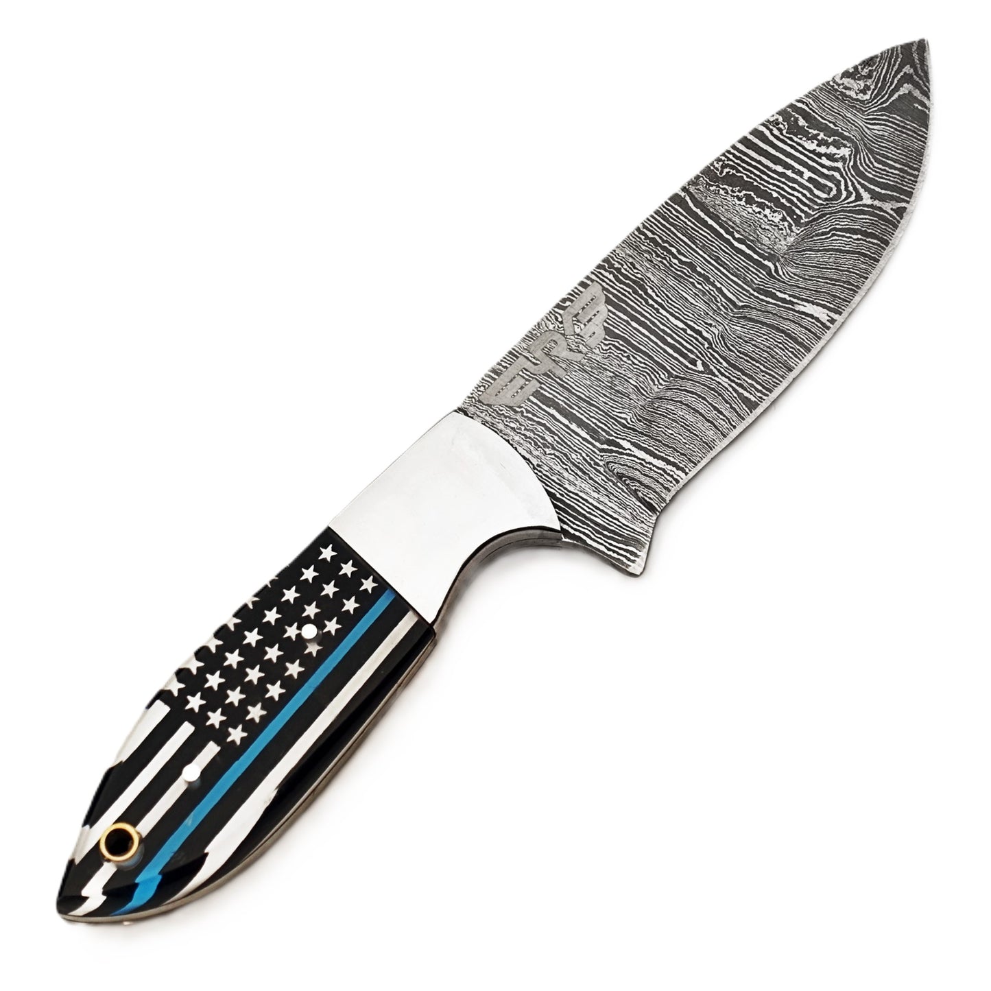 Ruddock Bros Damascus steel hunting knife with US Flag and Blue Line honoring the police