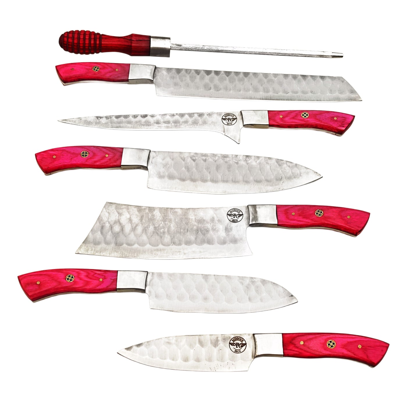 Damascus Steel 7 piece knife set with medium pink hardwood handle with leather carry pouch by Ruddock Bros El Paso Texas USA Ruddock Shirt