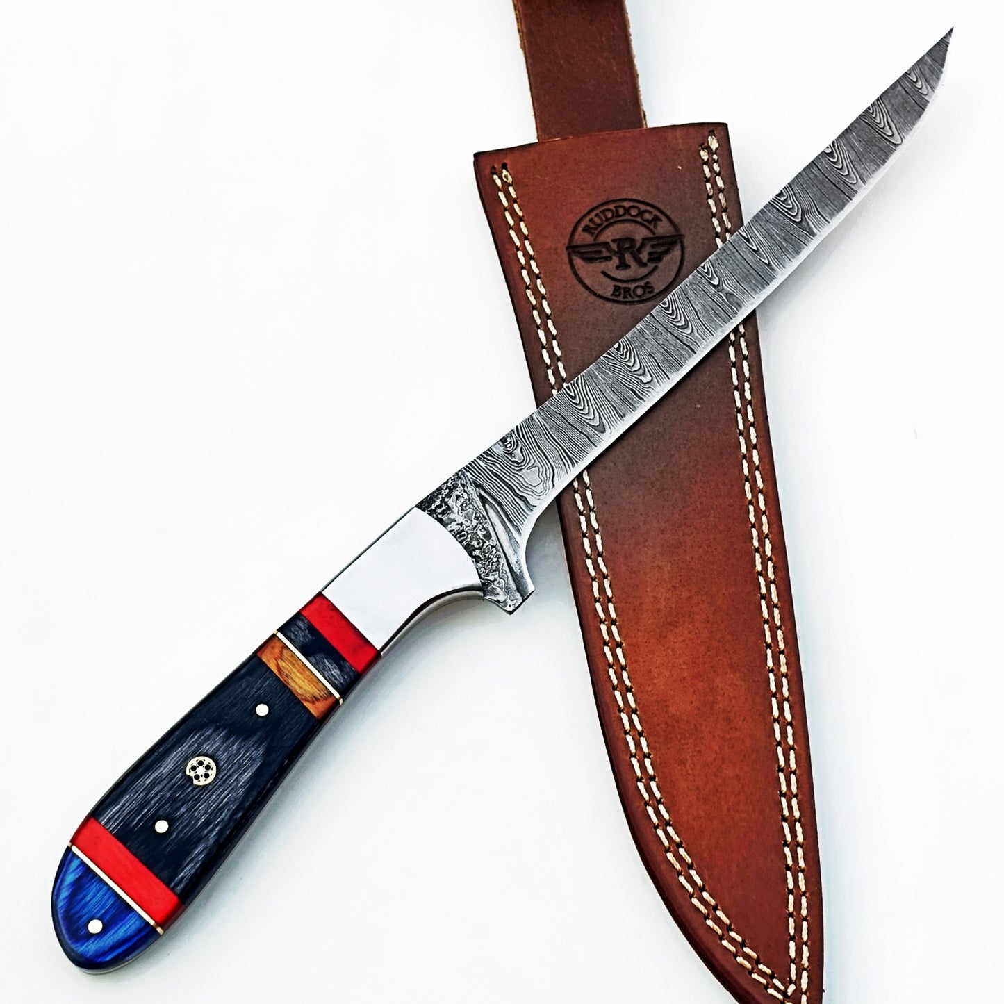 Damascus steel fillet knife by Ruddock Bros with hardwood handle