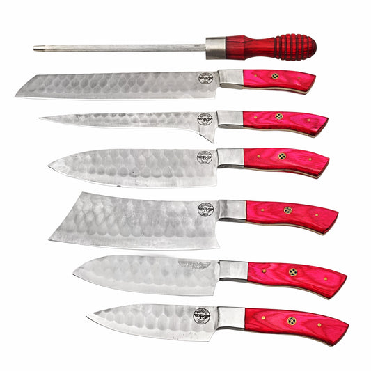 Damascus Steel 7 piece knife set with medium pink hardwood handle with leather carry pouch by Ruddock Bros El Paso Texas USA Ruddock Shirt