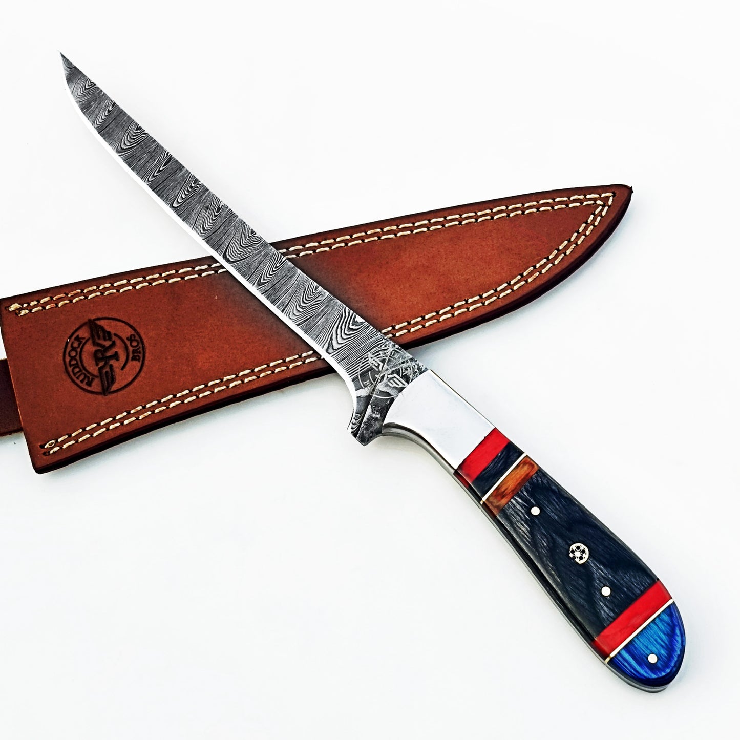 Damascus steel fillet knife by Ruddock Bros with hardwood handle