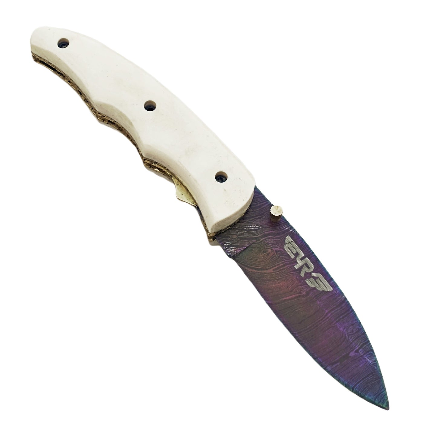 Ruddock Bros Damascus steel folding knife with acid wash blade and ivory handle Ruddock El Paso Texas