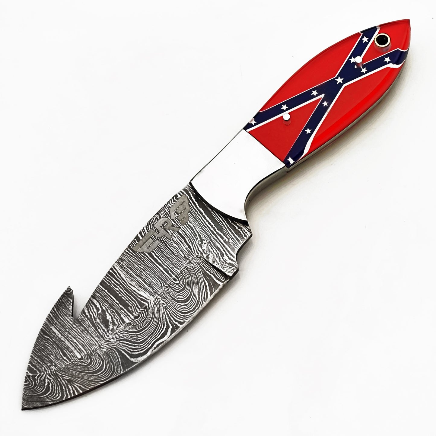 Ruddock Bros fixed blade knife with plastic resin handle with rebel flag design and Damascus steel blade with guthook includes leather sheath Ruddock El Paso Texas
