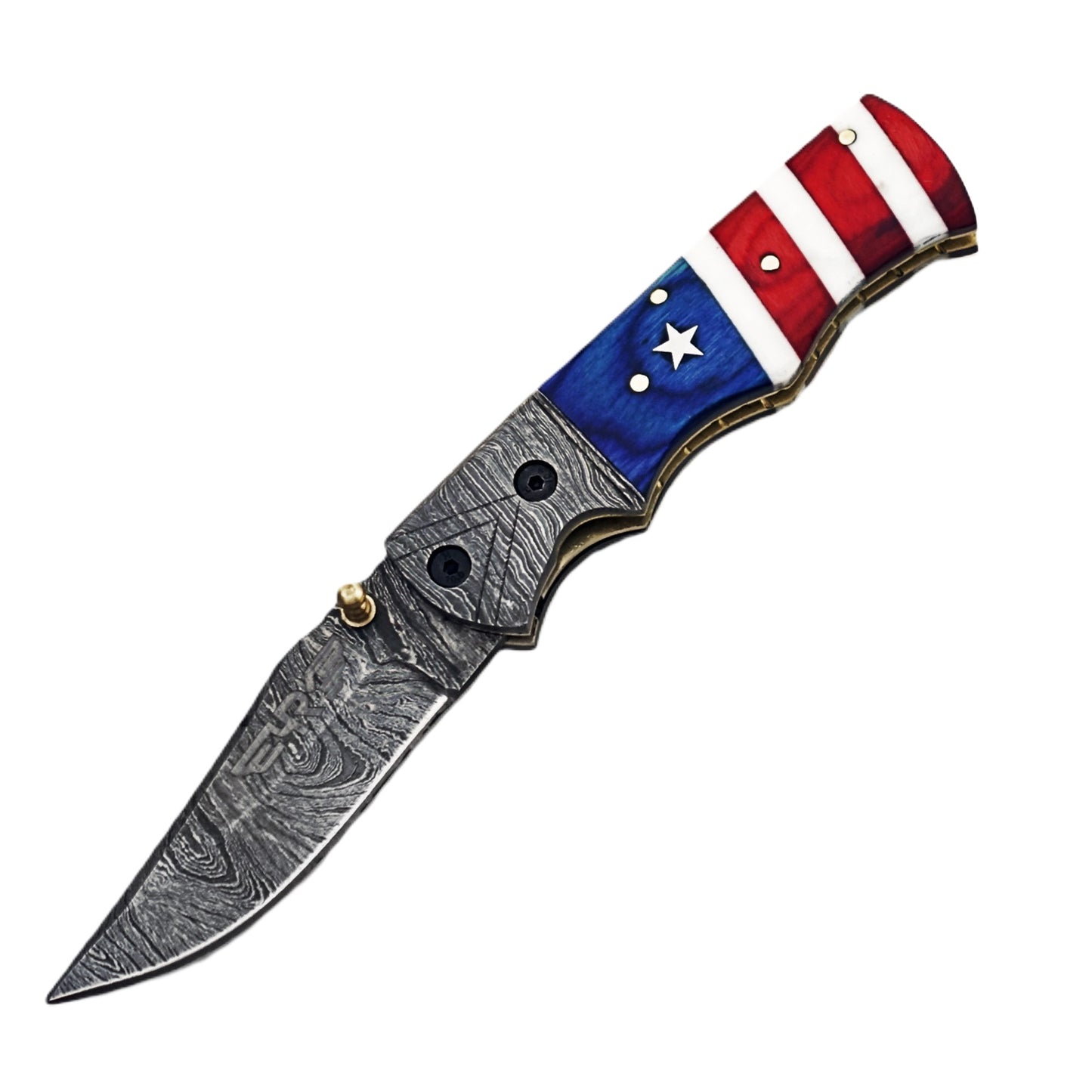 Ruddock Bros folding knife with natural bone and wood handle with Damascus steel blade with leather sheath Ruddock El Paso Texas