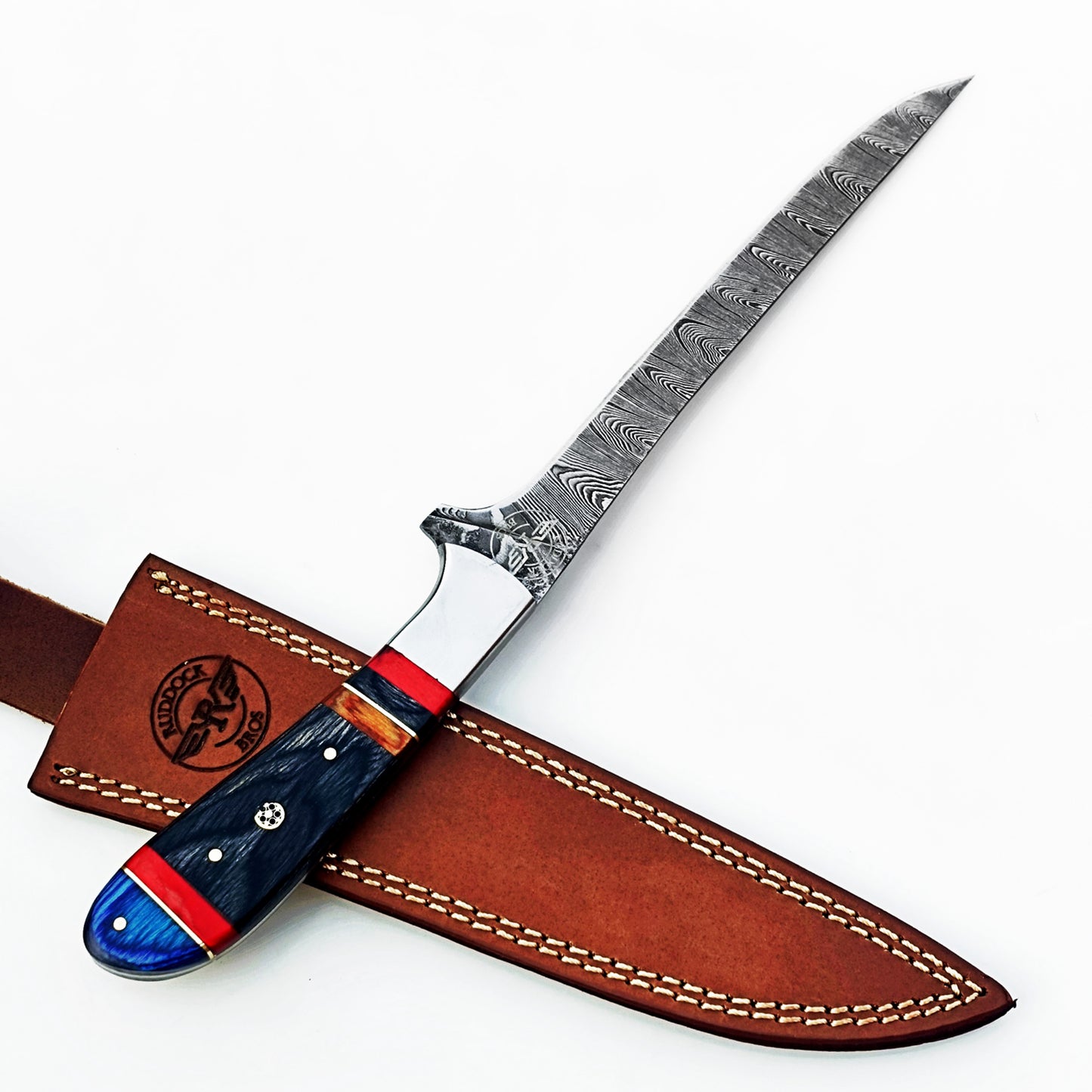 Damascus steel fillet knife by Ruddock Bros with hardwood handle
