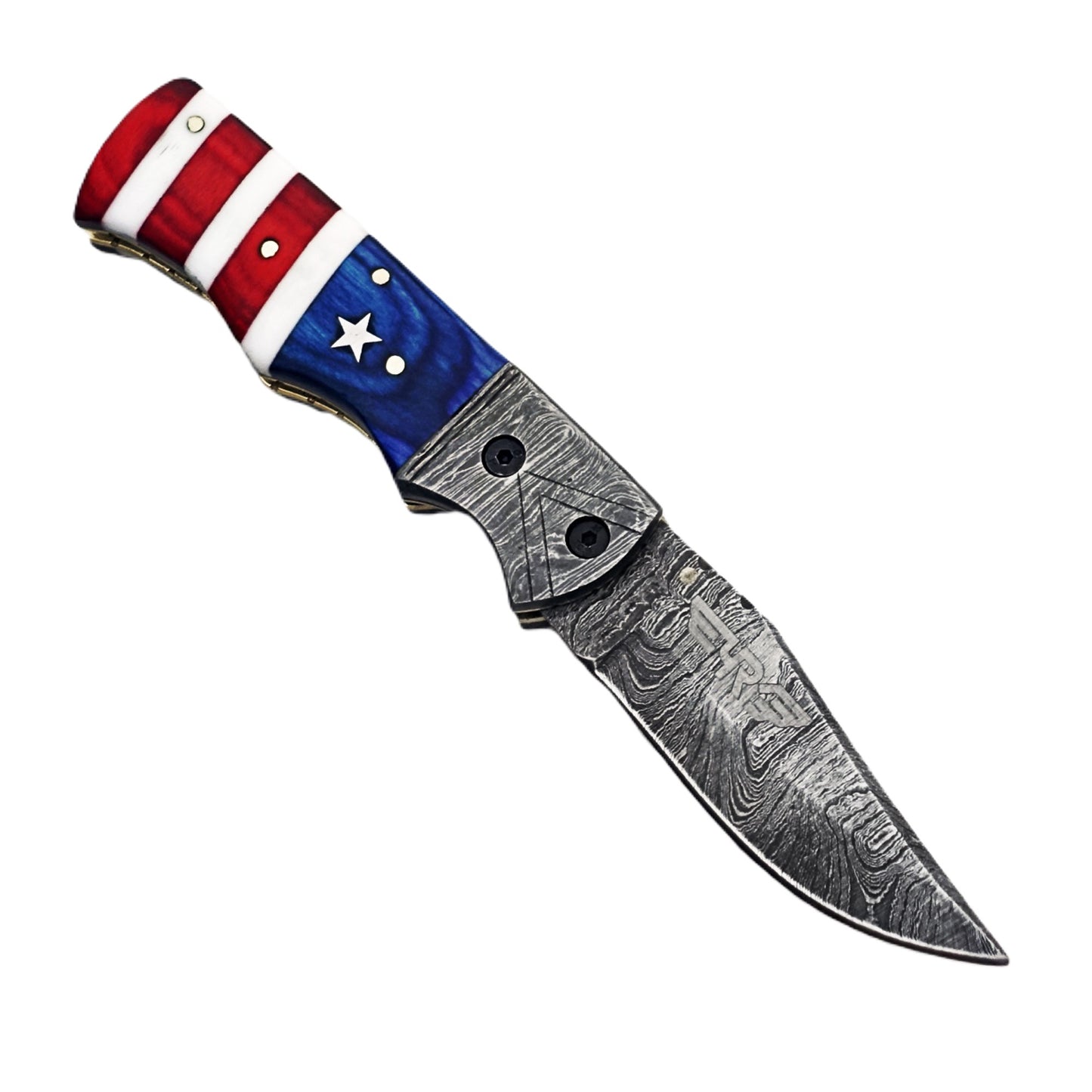 Ruddock Bros folding knife with natural bone and wood handle with Damascus steel blade with leather sheath Ruddock El Paso Texas
