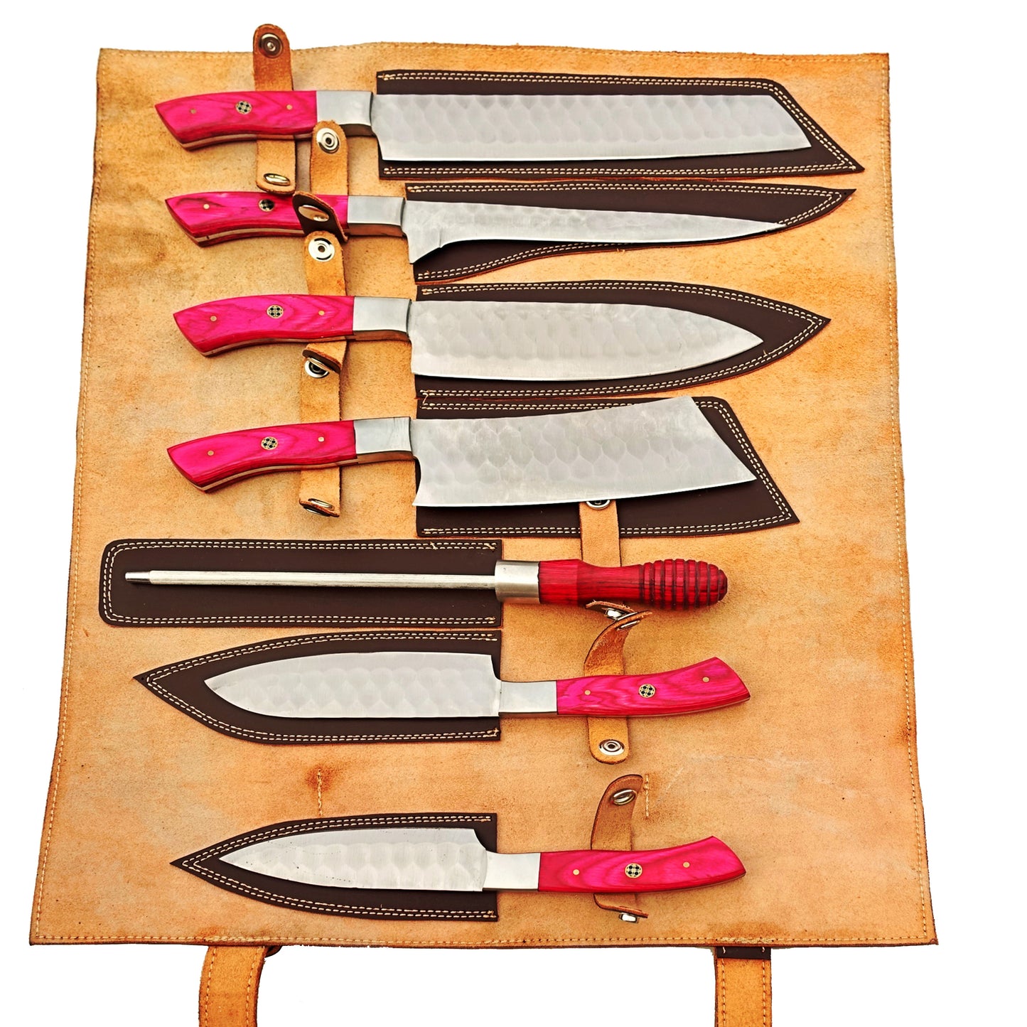Damascus Steel 7 piece knife set with medium pink hardwood handle with leather carry pouch by Ruddock Bros El Paso Texas USA Ruddock Shirt