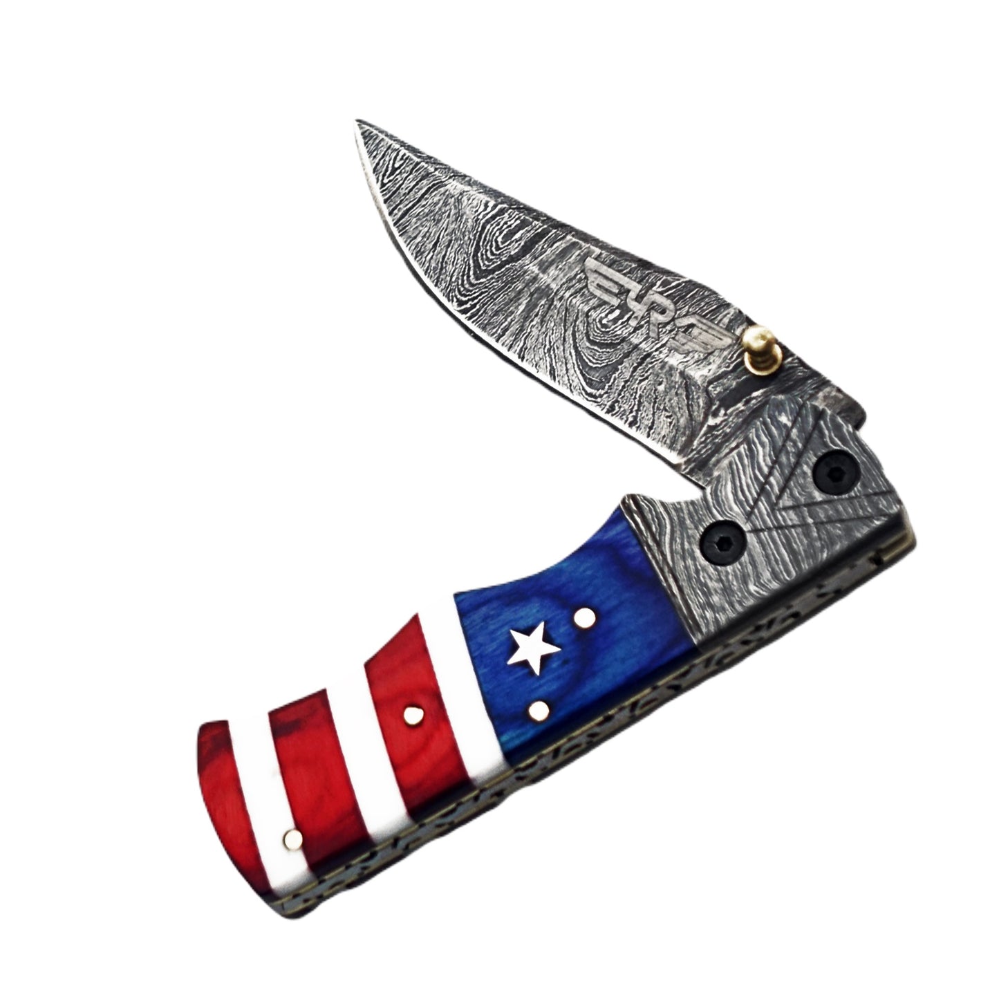 Ruddock Bros folding knife with natural bone and wood handle with Damascus steel blade with leather sheath Ruddock El Paso Texas