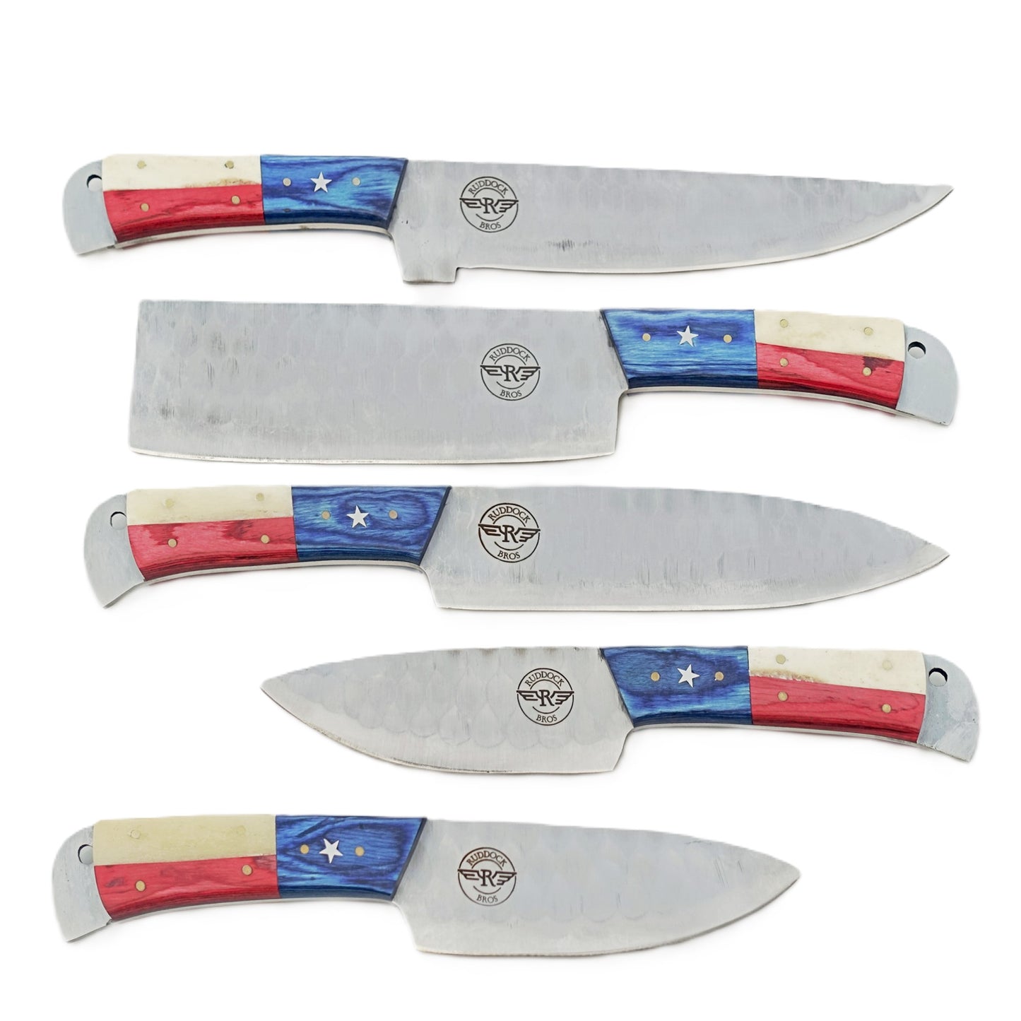 Ruddock Bros five piece grilling knife set with hammered stainless steel blades with natural bone and hardwood handles in red white and blue includes suede leather carry pouch Ruddock El Paso Texas
