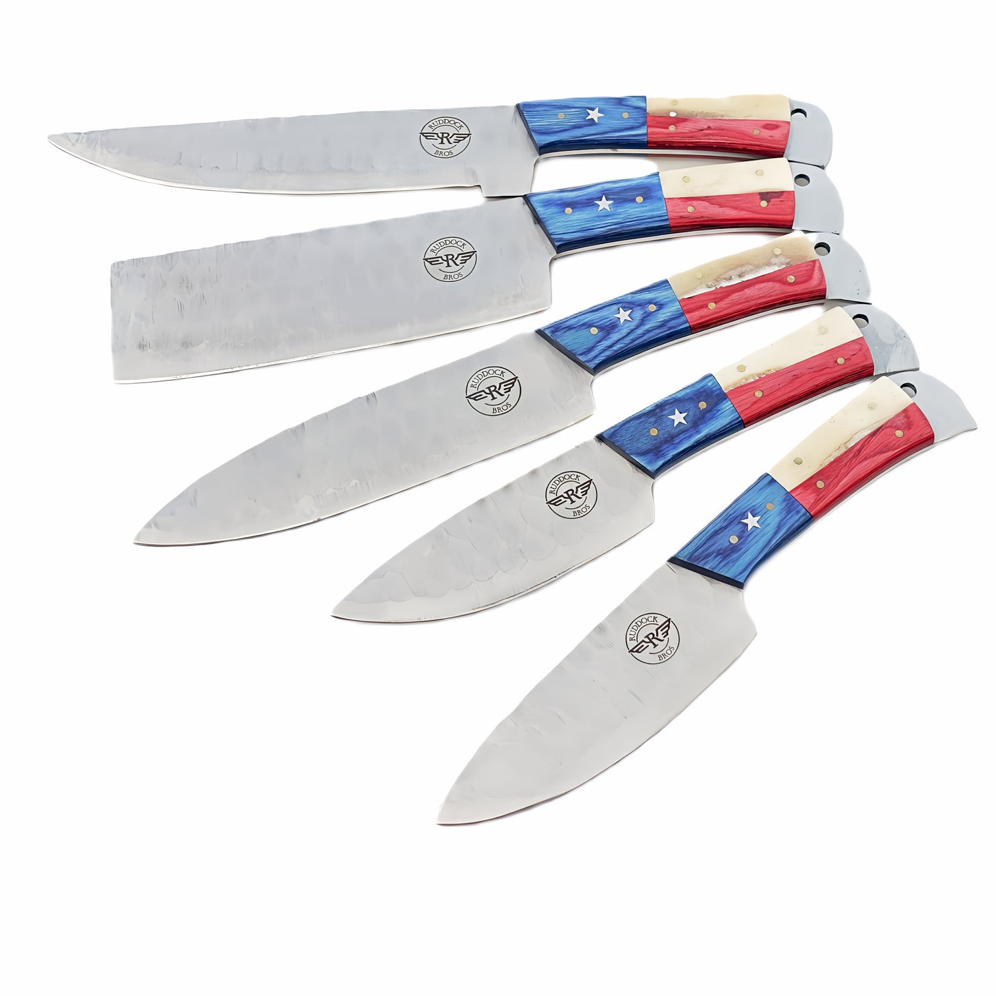 Ruddock Bros five piece grilling knife set with hammered stainless steel blades with natural bone and hardwood handles in red white and blue includes suede leather carry pouch Ruddock El Paso Texas