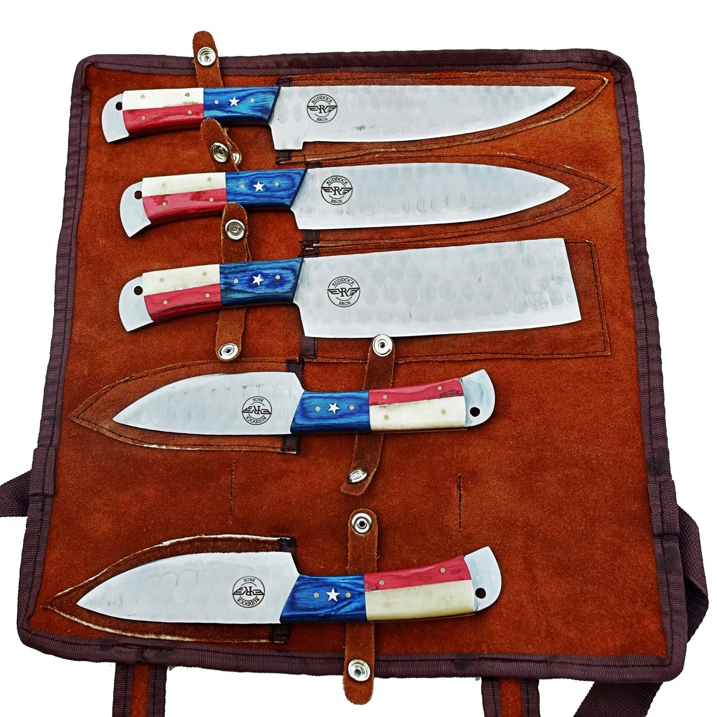 Ruddock Bros five piece grilling knife set with hammered stainless steel blades with natural bone and hardwood handles in red white and blue includes suede leather carry pouch Ruddock El Paso Texas