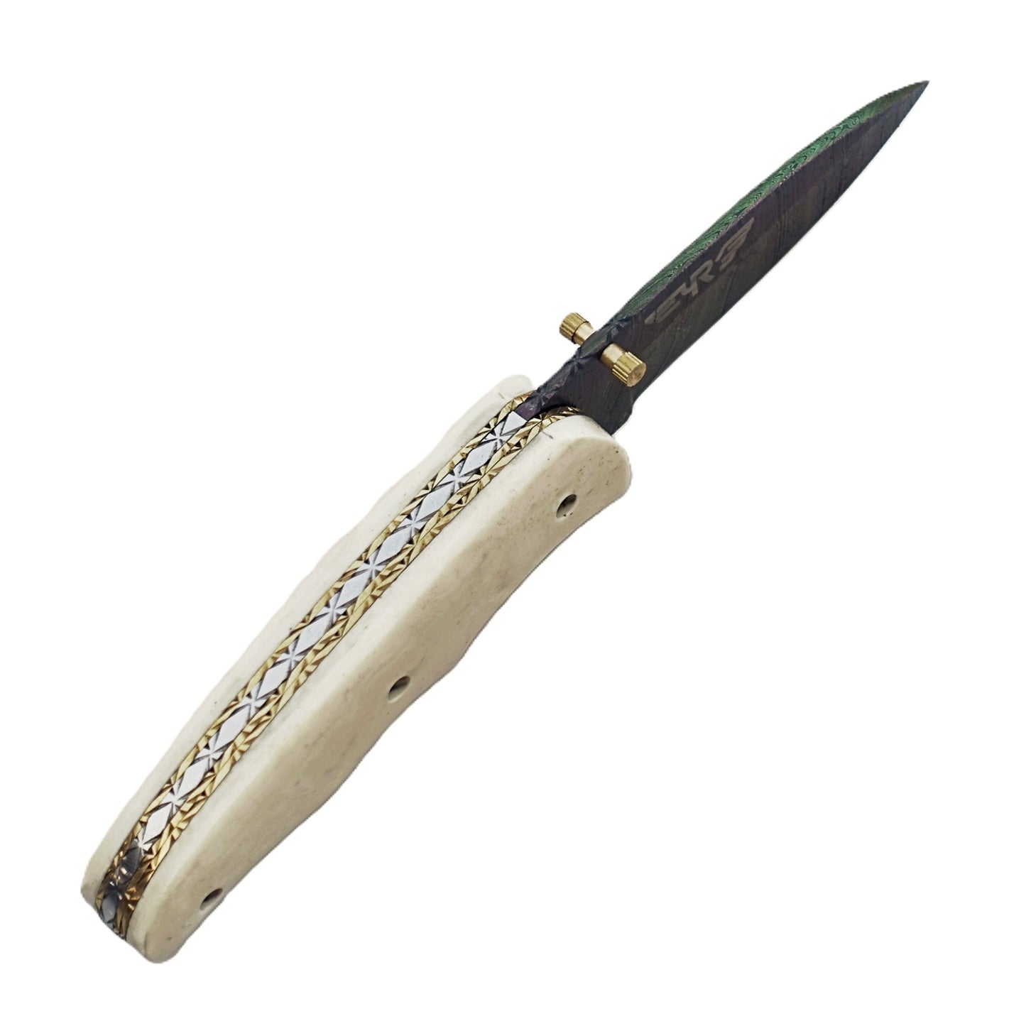 Ruddock Bros Damascus steel folding knife with acid wash blade and ivory handle Ruddock El Paso Texas