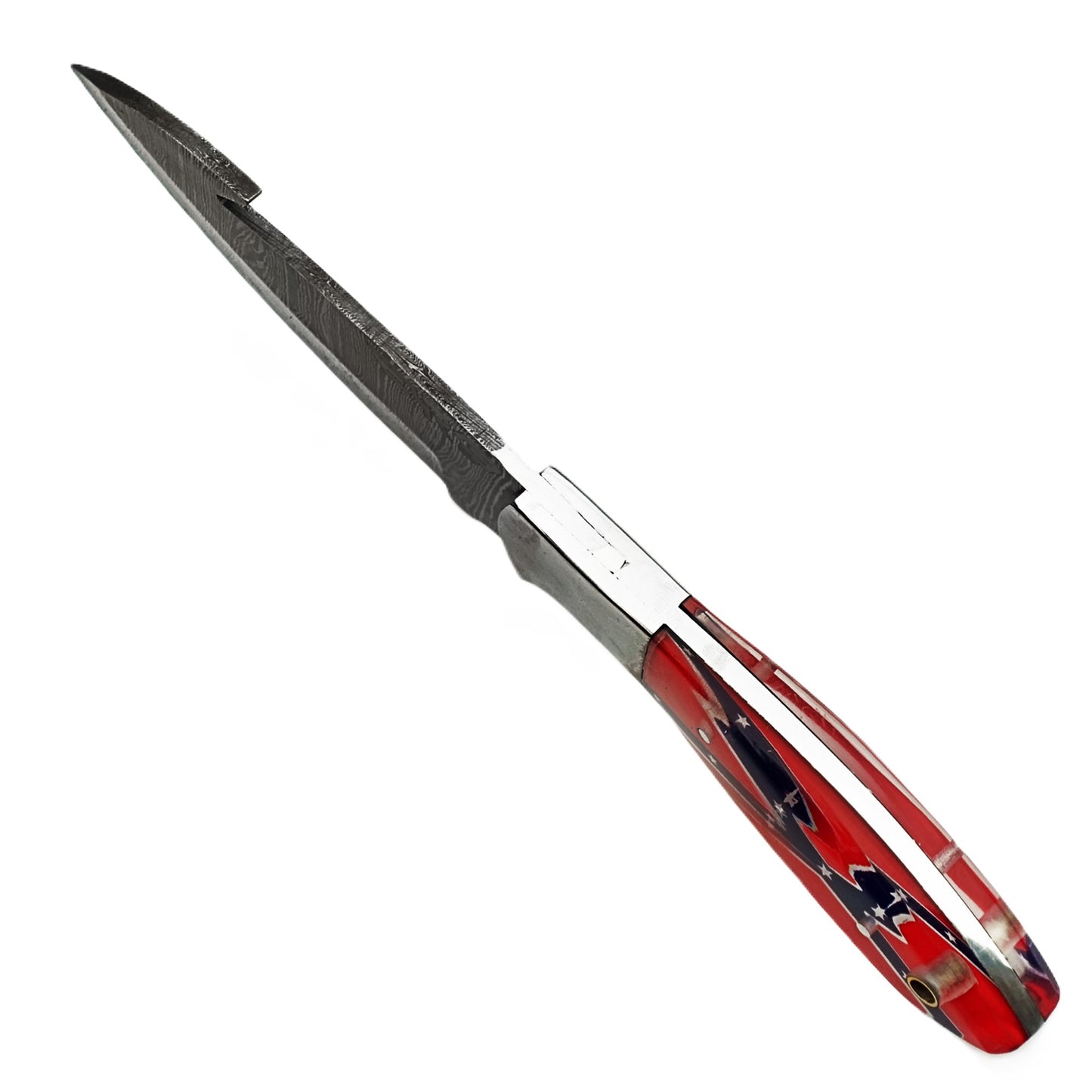 Ruddock Bros fixed blade knife with plastic resin handle with rebel flag design and Damascus steel blade with guthook includes leather sheath Ruddock El Paso Texas