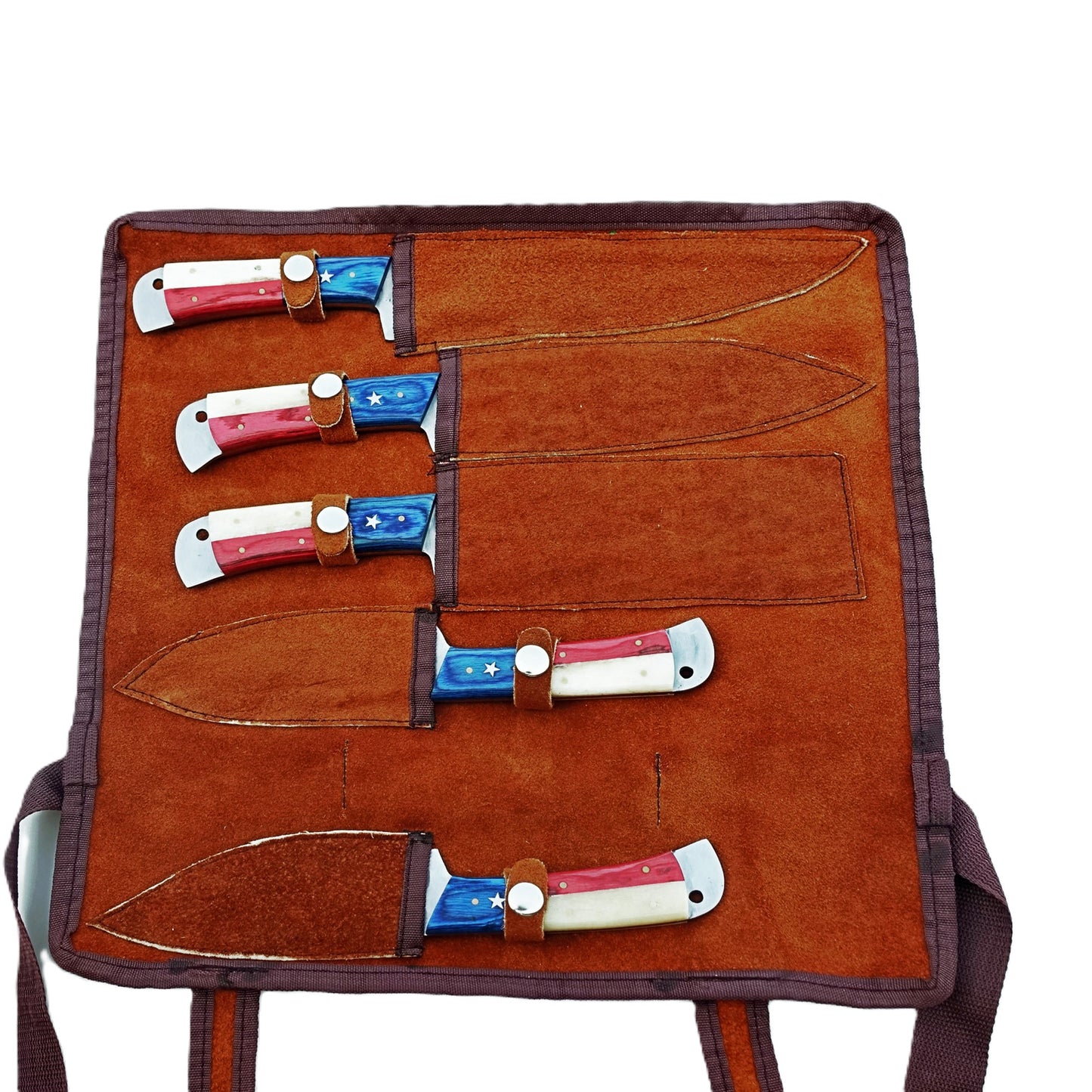 Ruddock Bros five piece grilling knife set with hammered stainless steel blades with natural bone and hardwood handles in red white and blue includes suede leather carry pouch Ruddock El Paso Texas