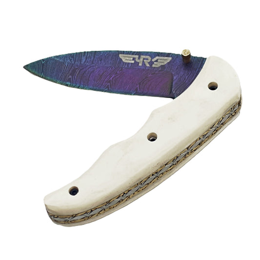 Ruddock Bros Damascus steel folding knife with acid wash blade and ivory handle Ruddock El Paso Texas