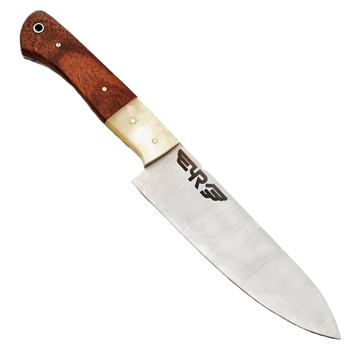 Stainless Steel Chef knife with hardwood and bone handle by Ruddock Bros El Paso Texas USA Ruddock Shirt