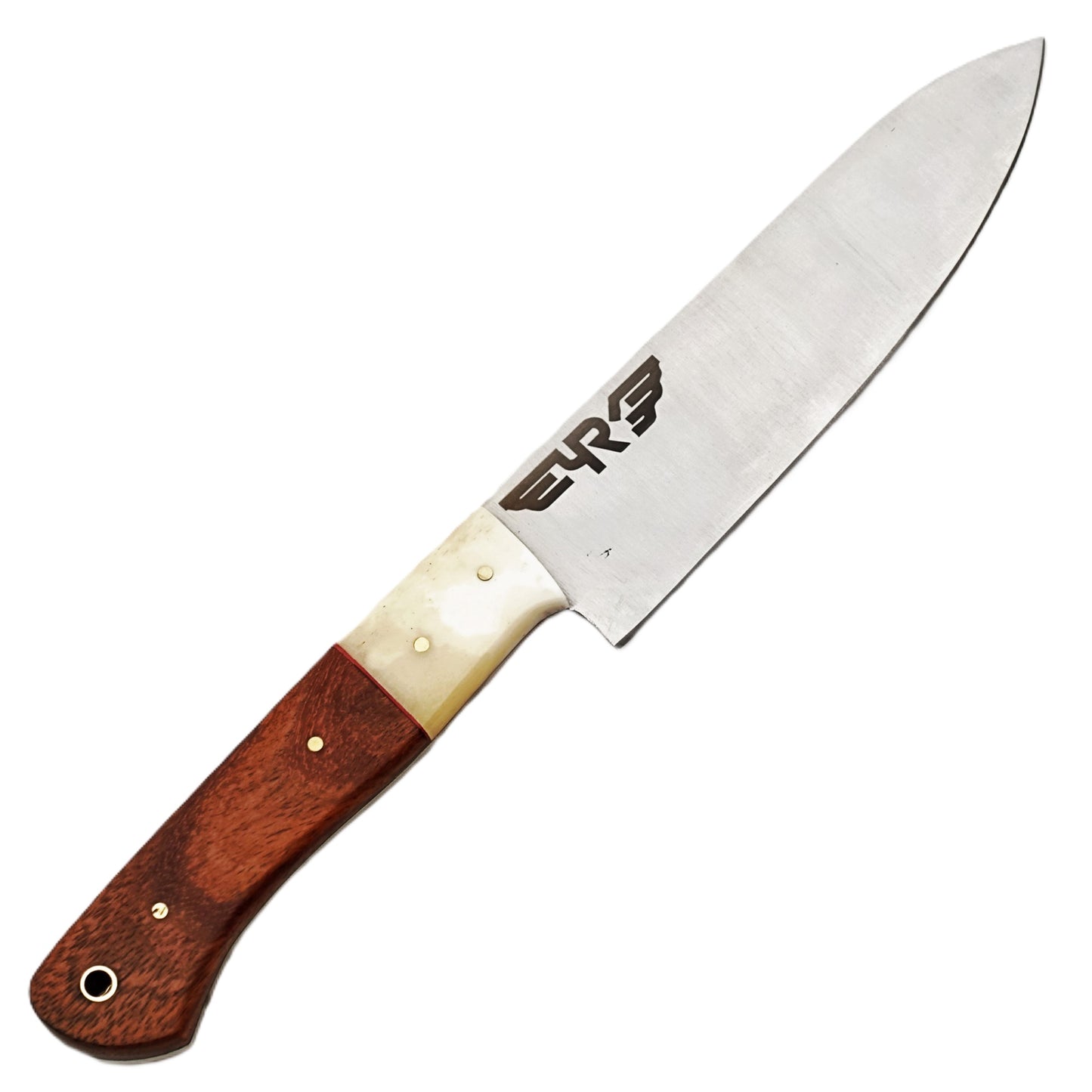 Stainless Steel Chef knife with hardwood and bone handle by Ruddock Bros El Paso Texas USA Ruddock Shirt
