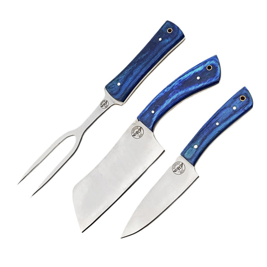 Ruddock Bros 3 piece carving set with blue hardwood handles and stainless Steel blades Ruddock El Paso Texas