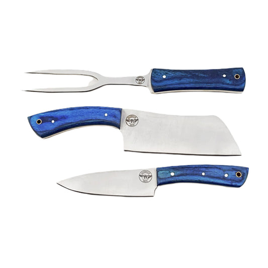 Ruddock Bros 3 piece carving set with blue hardwood handles and stainless Steel blades Ruddock El Paso Texas