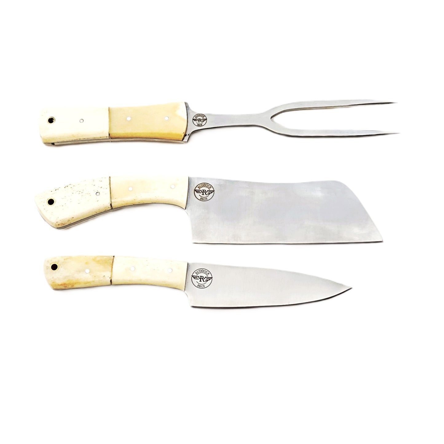 Ruddock Bros 3 piece carving set with natural bone handles and stainless Steel blades Ruddock El Paso Texas