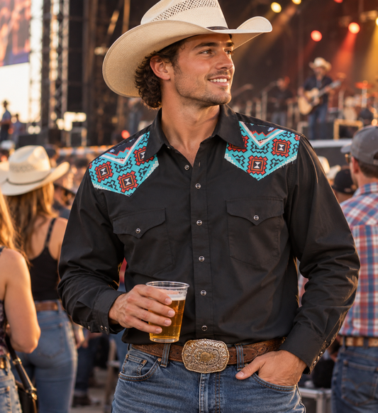 Flying R Ranchwear - Retro Contrast Yoke - Black Twill - Long Sleeve