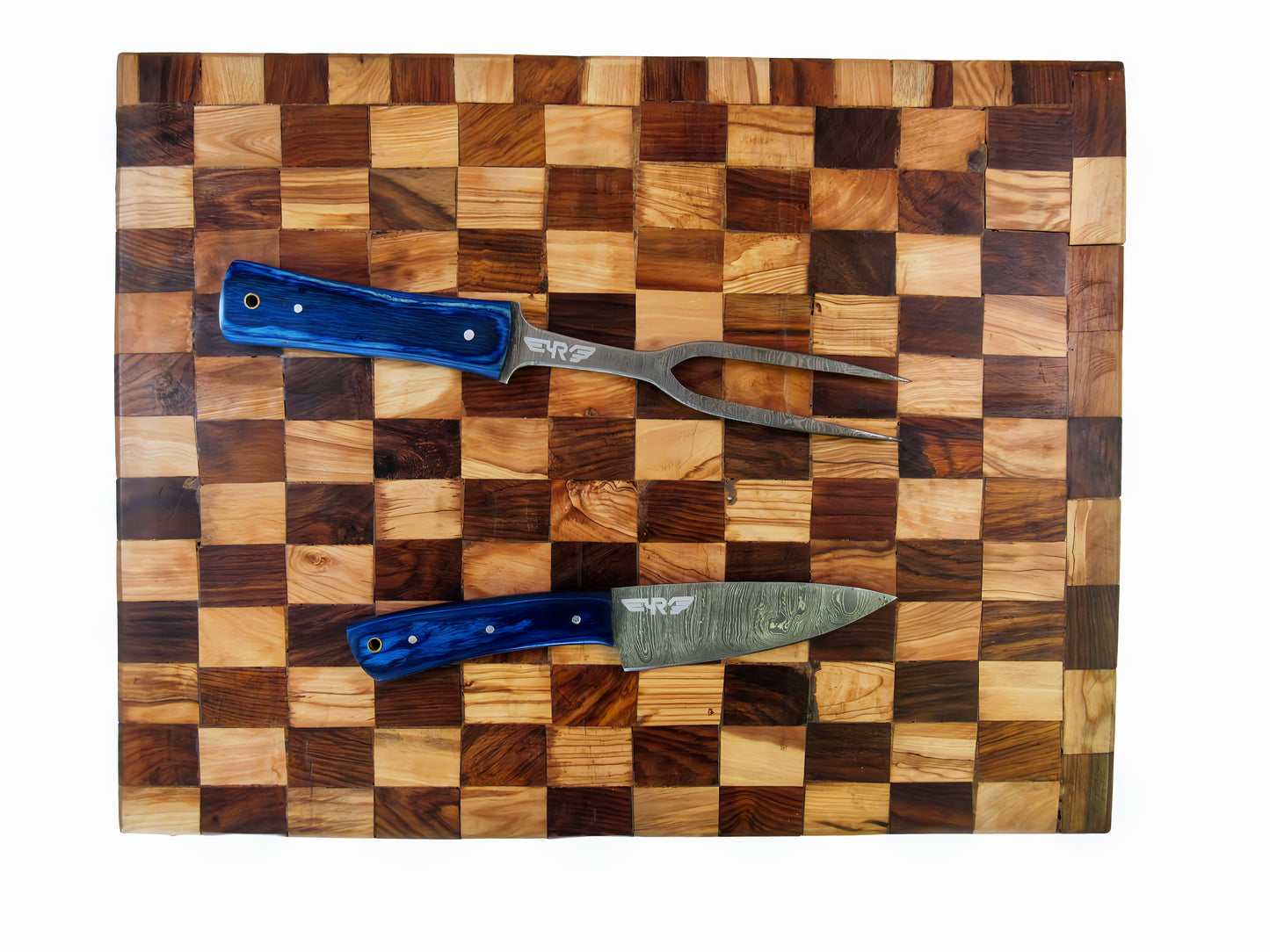 Ruddock Bros 3 piece carving set with blue hardwood handles and Damascus Steel blades Ruddock El Paso Texas