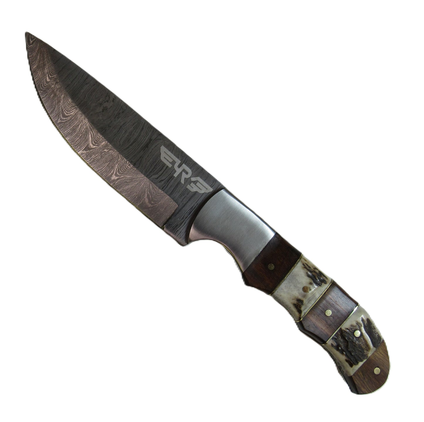 Ruddock Bros steak knife with Damascus steel with natural horn, bone, and hardwood handle