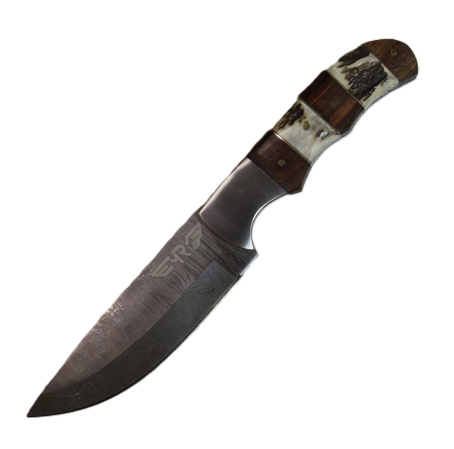 Ruddock Bros steak knife with Damascus steel with natural horn, bone, and hardwood handle