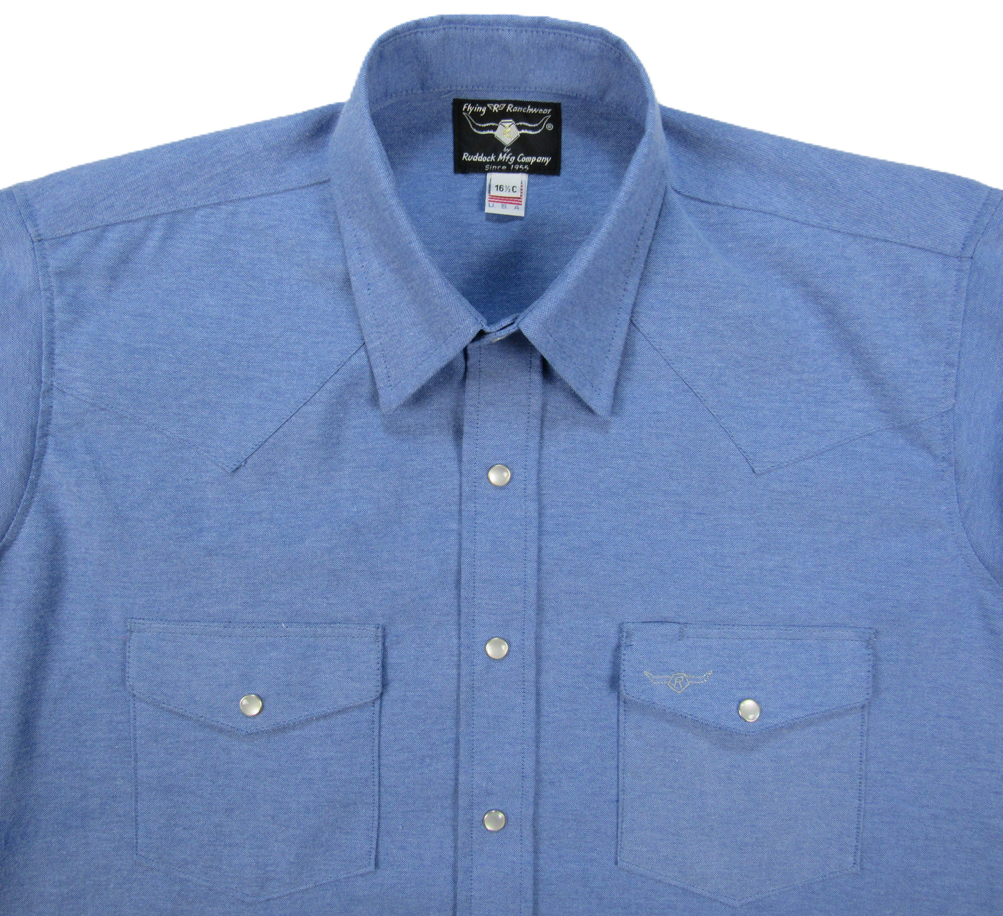 Ocean Blue poplin solid short sleeve snap shirt by Flying R Ranchwear Made in USA ~ American Made Ruddock Shirts