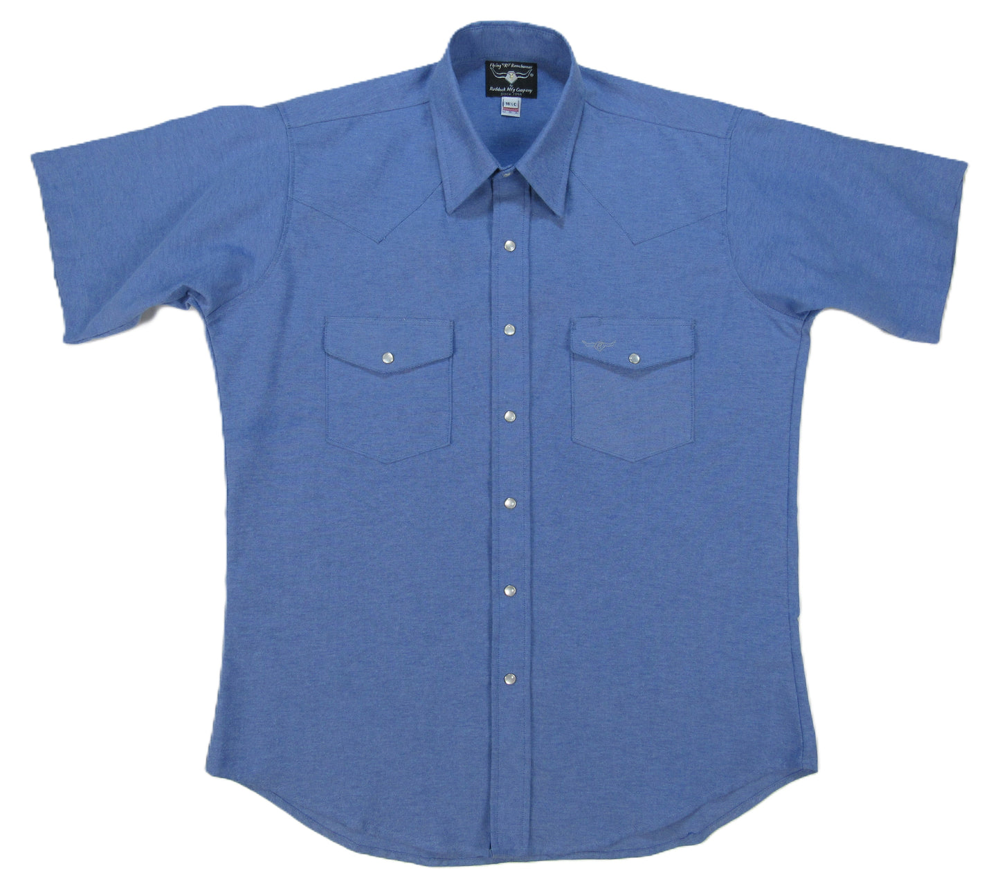 Ocean Blue poplin solid short sleeve snap shirt by Flying R Ranchwear Made in USA ~ American Made Ruddock Shirts