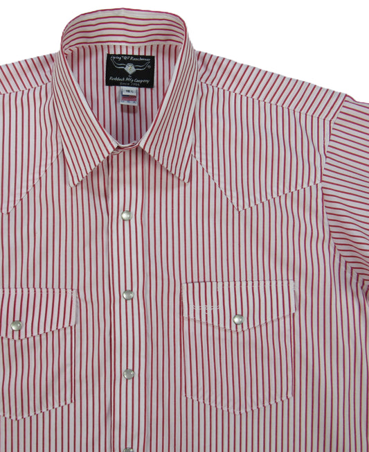 A red and white striped, short-sleeved Flying R Ranchwear shirt with a collar and snap buttons. Made in USA