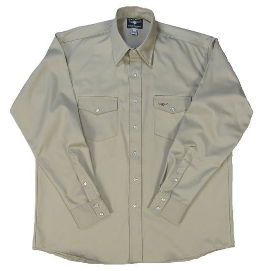 Khaki twill shirt by Flying R Ranchwear Made in USA by Ruddock Shirts El Paso Texas Snaps
