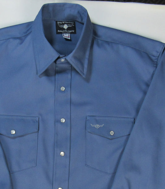 Blue twill shirt by Flying R Ranchwear Made in USA by Ruddock Shirts El Paso Texas Snaps
