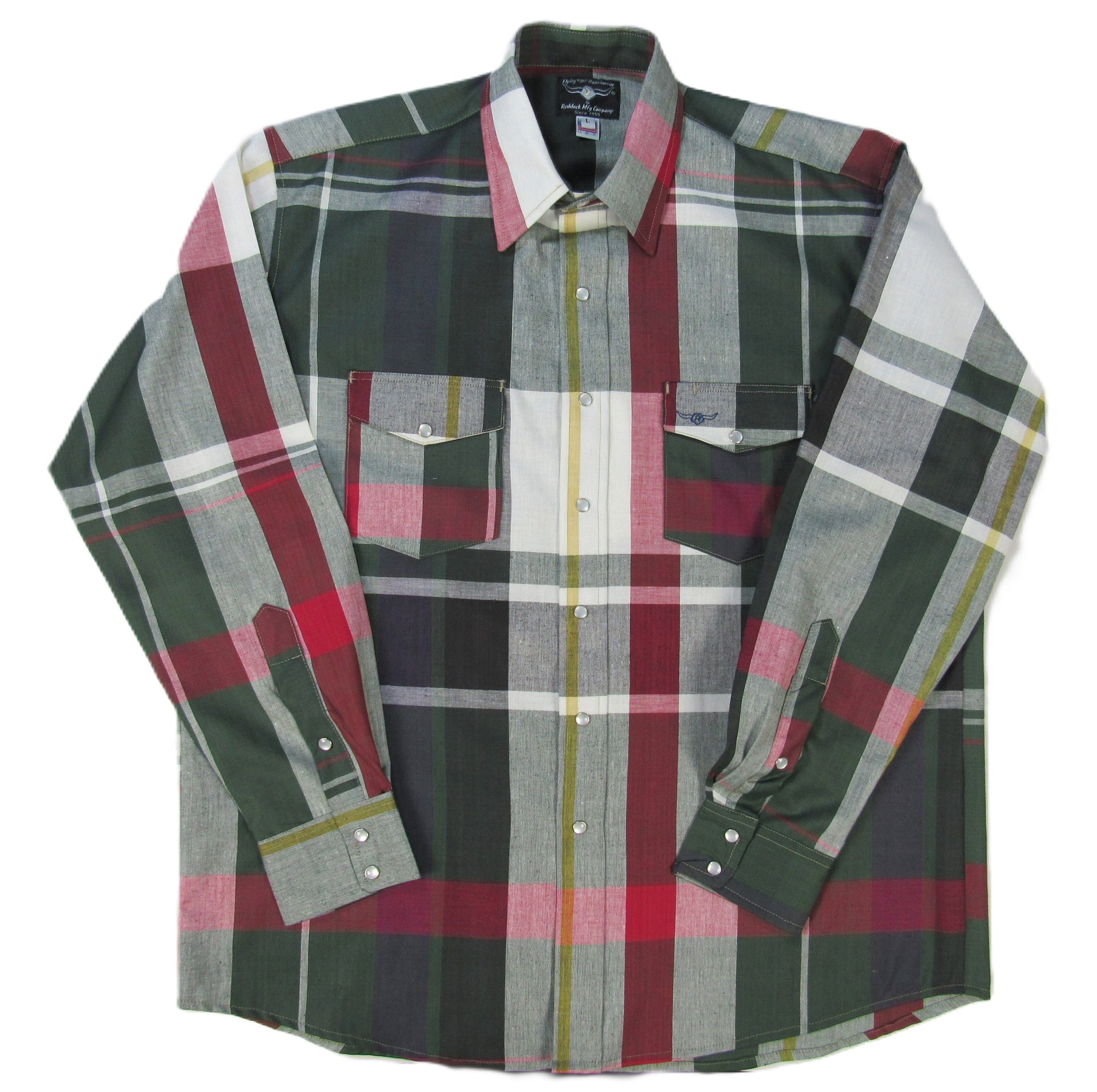 Olive Plaid shirt by Flying R Ranchwear Made in USA by Ruddock Shirts El Paso Texas Snaps