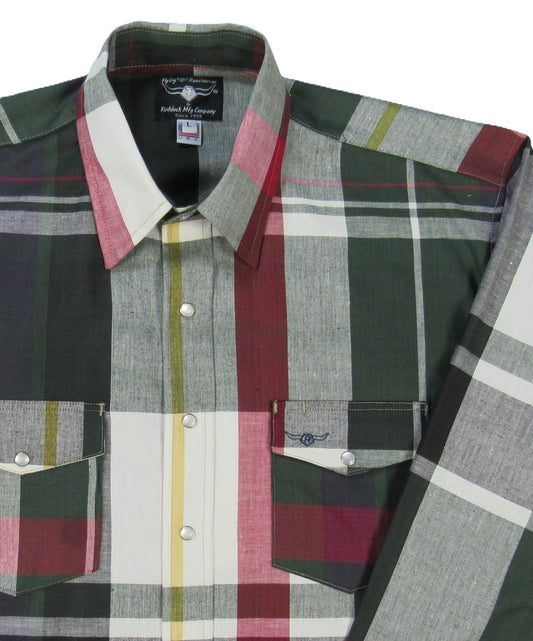 Olive Plaid shirt by Flying R Ranchwear Made in USA by Ruddock Shirts El Paso Texas Snaps