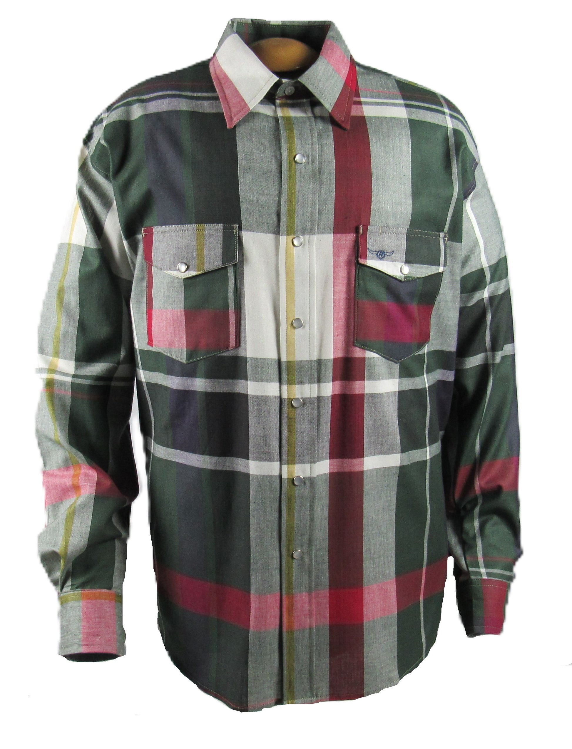 Olive Plaid shirt by Flying R Ranchwear Made in USA by Ruddock Shirts El Paso Texas Snaps