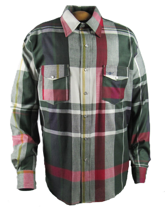 Olive Plaid shirt by Flying R Ranchwear Made in USA by Ruddock Shirts El Paso Texas Snaps