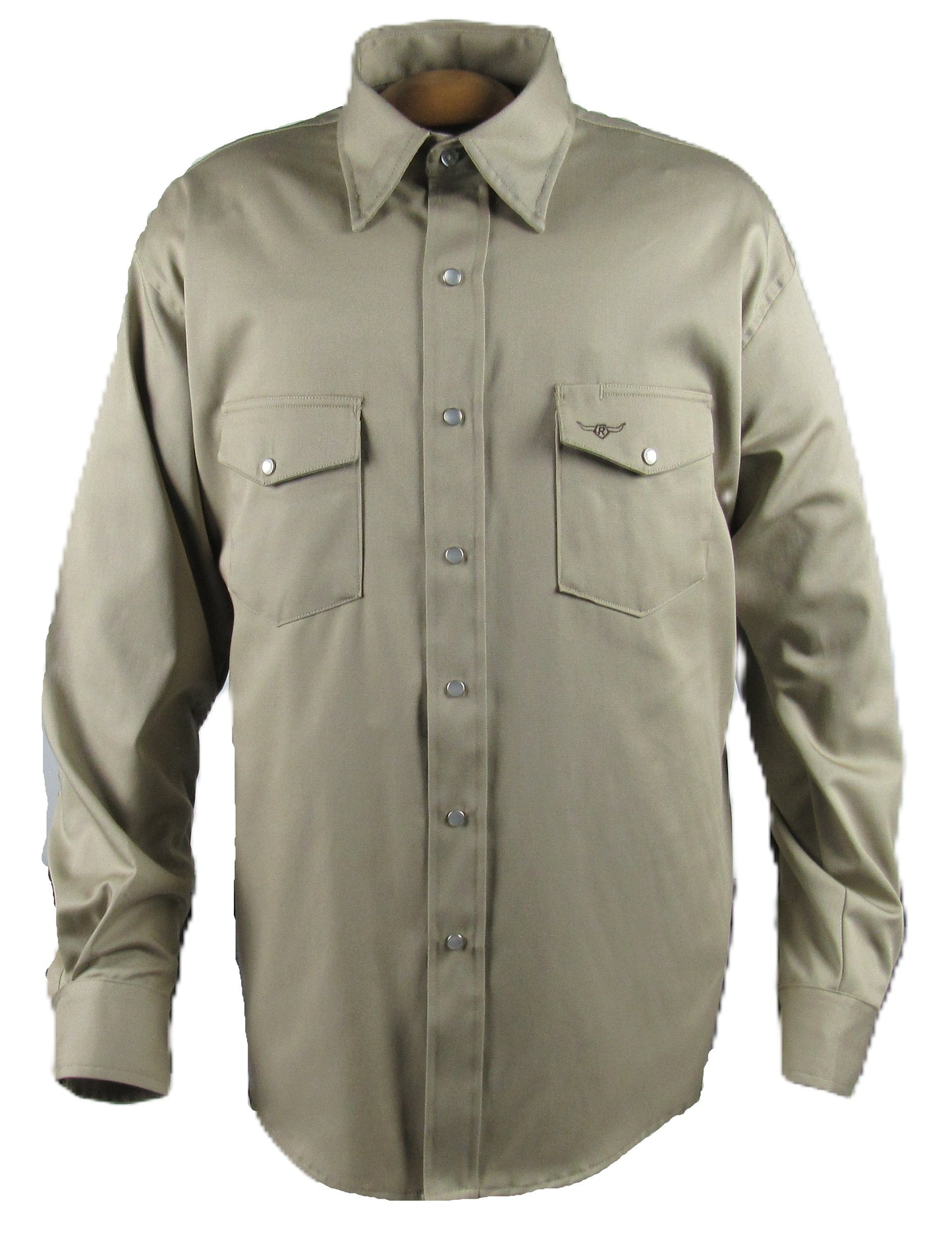Khaki twill shirt by Flying R Ranchwear Made in USA by Ruddock Shirts El Paso Texas Snaps