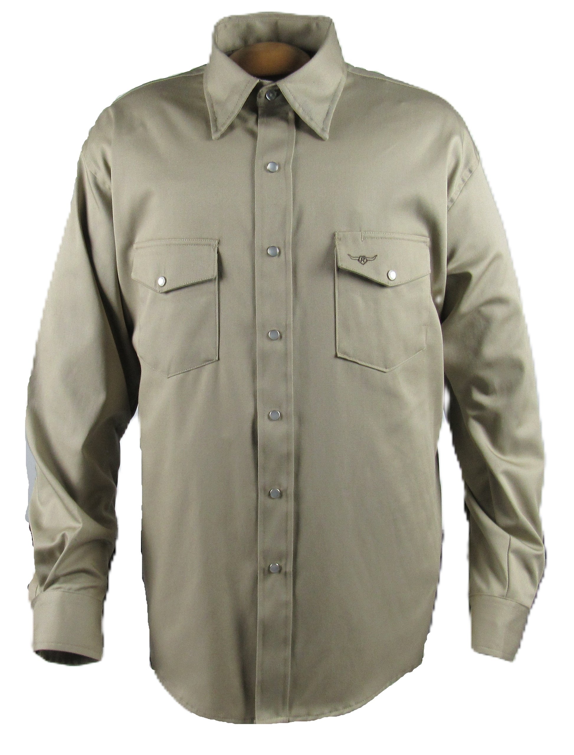 Khaki twill shirt by Flying R Ranchwear Made in USA by Ruddock Shirts El Paso Texas Snaps