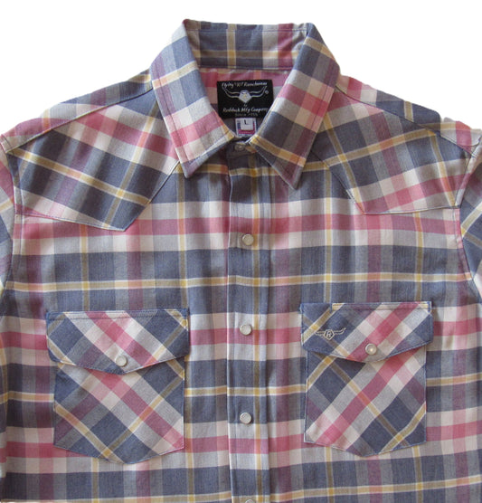 Denim Blue and Coral Primo Plaid short sleeve snap shirt by Flying R Ranchwear Made in USA ~ American Made Ruddock Shirts