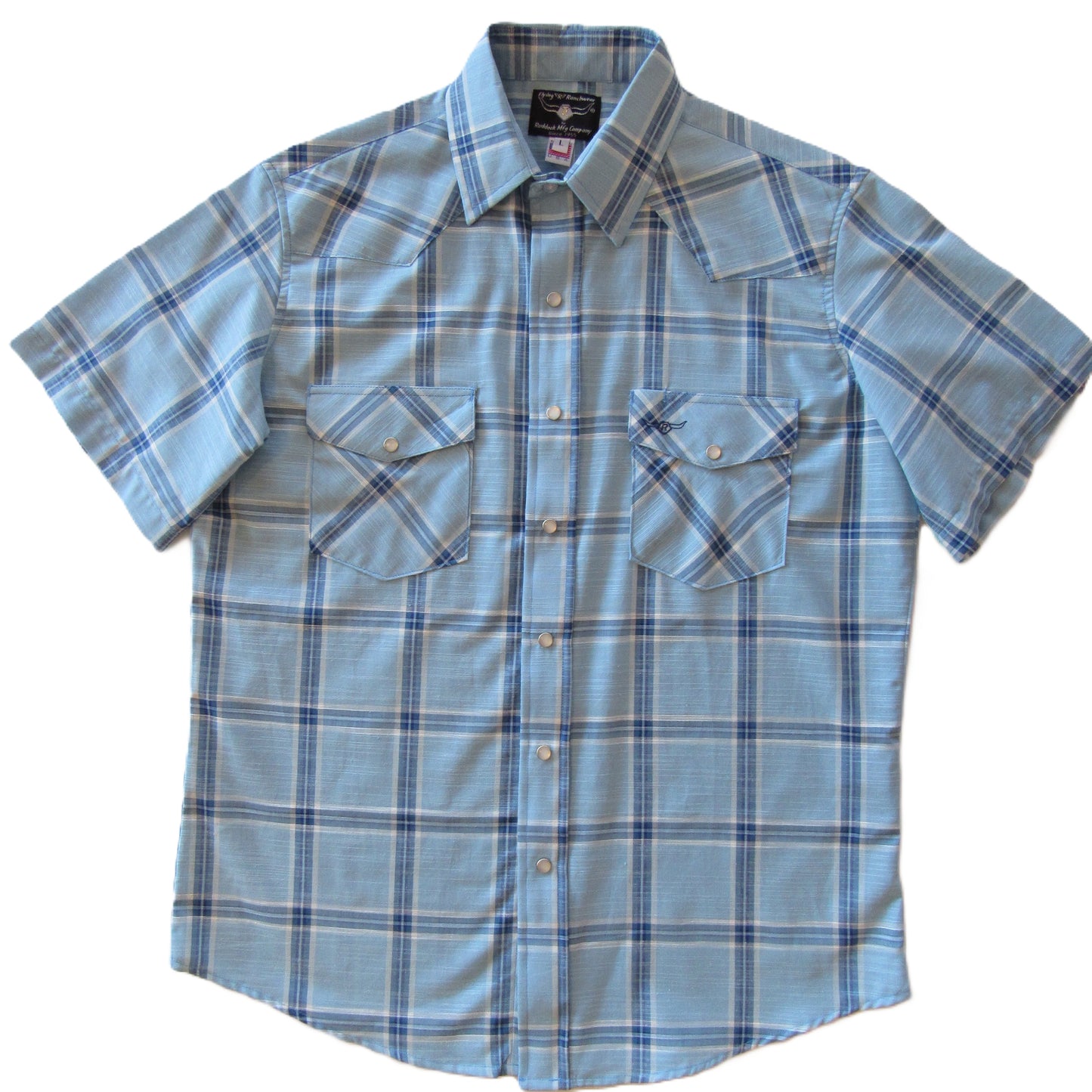 Sky Blue Feather Plaid short sleeve snap shirt by Flying R Ranchwear Made in USA ~ American Made Ruddock Shirts