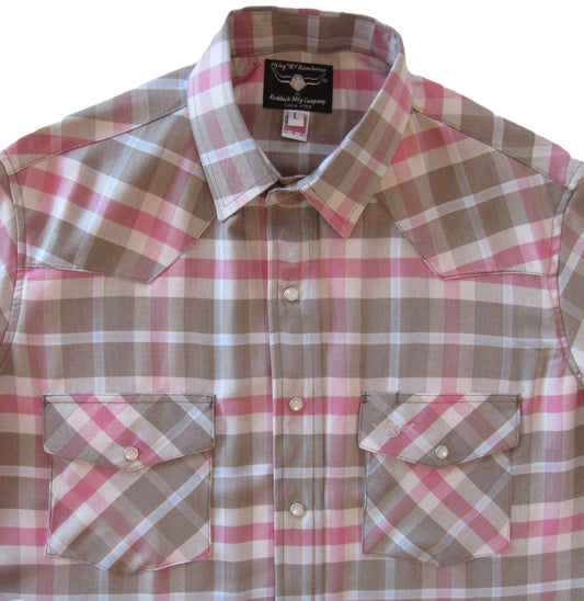 Olive and Coral Primo Plaid short sleeve snap shirt by Flying R Ranchwear Made in USA ~ American Made Ruddock Shirts